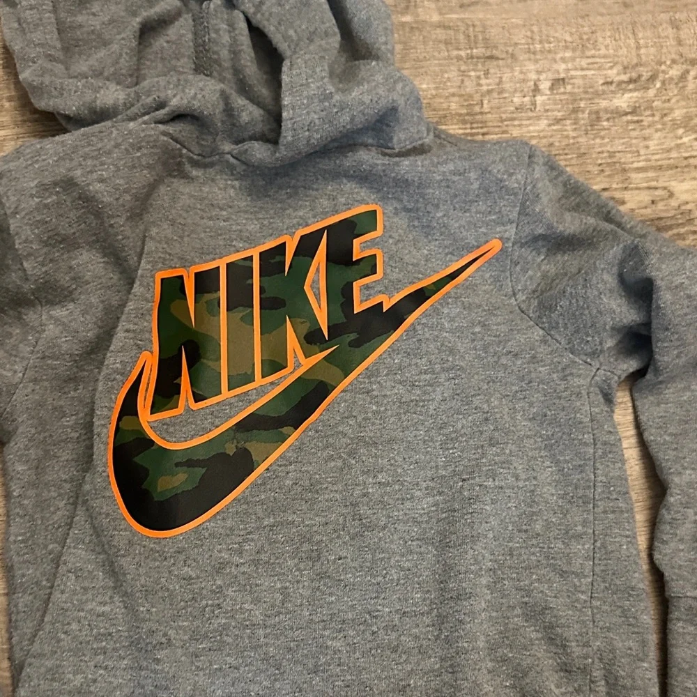 Nike Kids Gray Hoodie with Camouflage Orange Logo